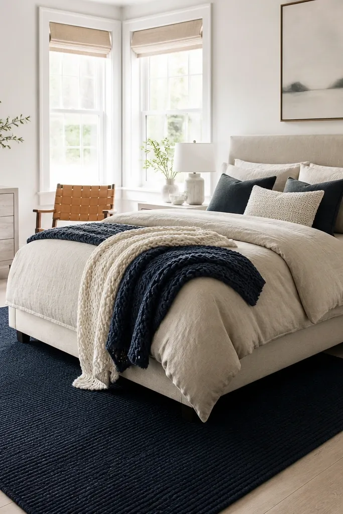 A beige duvet bed with a navy wool area rug beneath it. The room has white-washed wood furniture, a tan leather belt-style chair, and a pair of navy-and-cream knit throws.