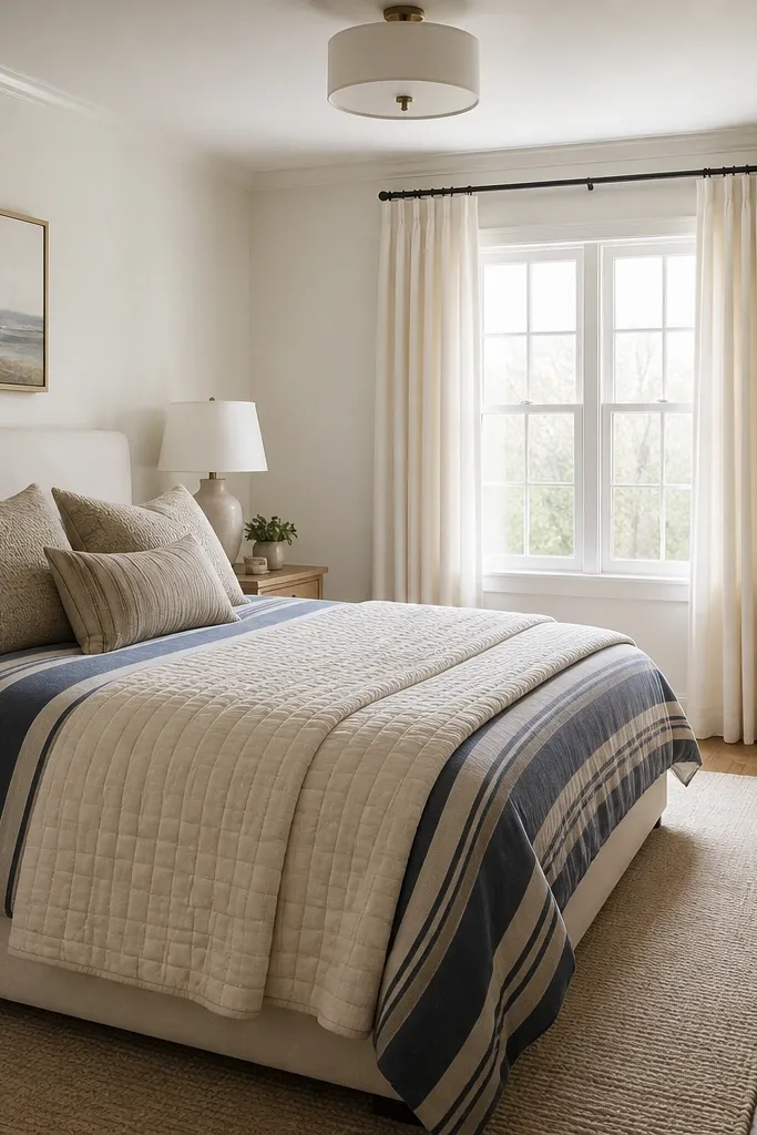A bed with a navy-and-beige striped duvet, cream quilted coverlet folded at the foot, and textured beige pillows. A simple ceiling light and a wicker basket by the dresser.