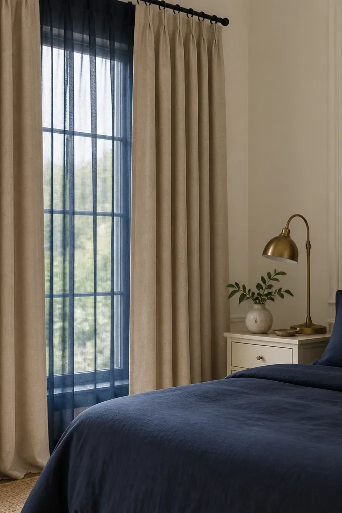 Floor-length beige linen curtains with a navy sheer behind them, visible in the window. Navy bedding and a cream nightstand with a brass lamp.