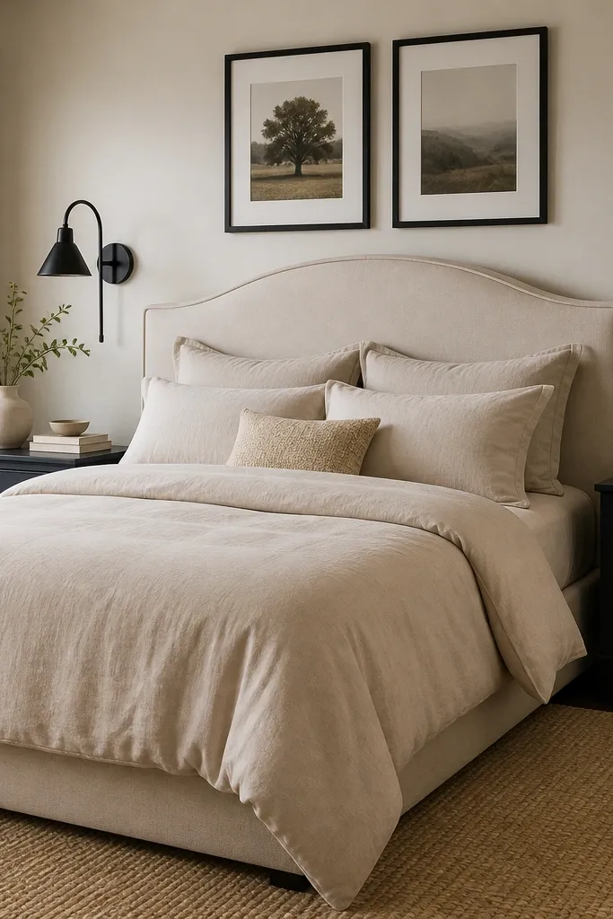 Beige bedding on a light headboard with two navy nightstands. Black picture frames and a black metal wall sconce flank the bed, with a warm beige rug.