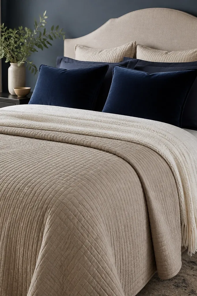 A bed dressed in a beige quilted coverlet, with navy velvet and navy cotton pillows layered on top. A cream throw blanket is folded near the headboard.