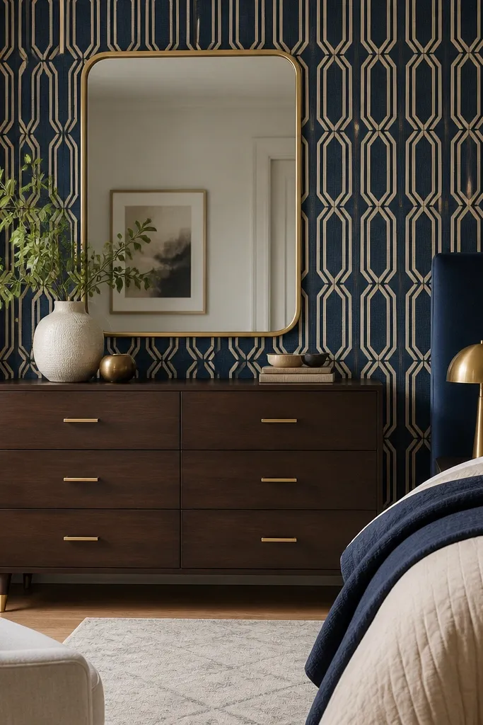 A dresser against a wall with navy-and-beige geometric wallpaper. The mirror above is framed in brushed brass. Bedding in navy and beige sits in view from the side.