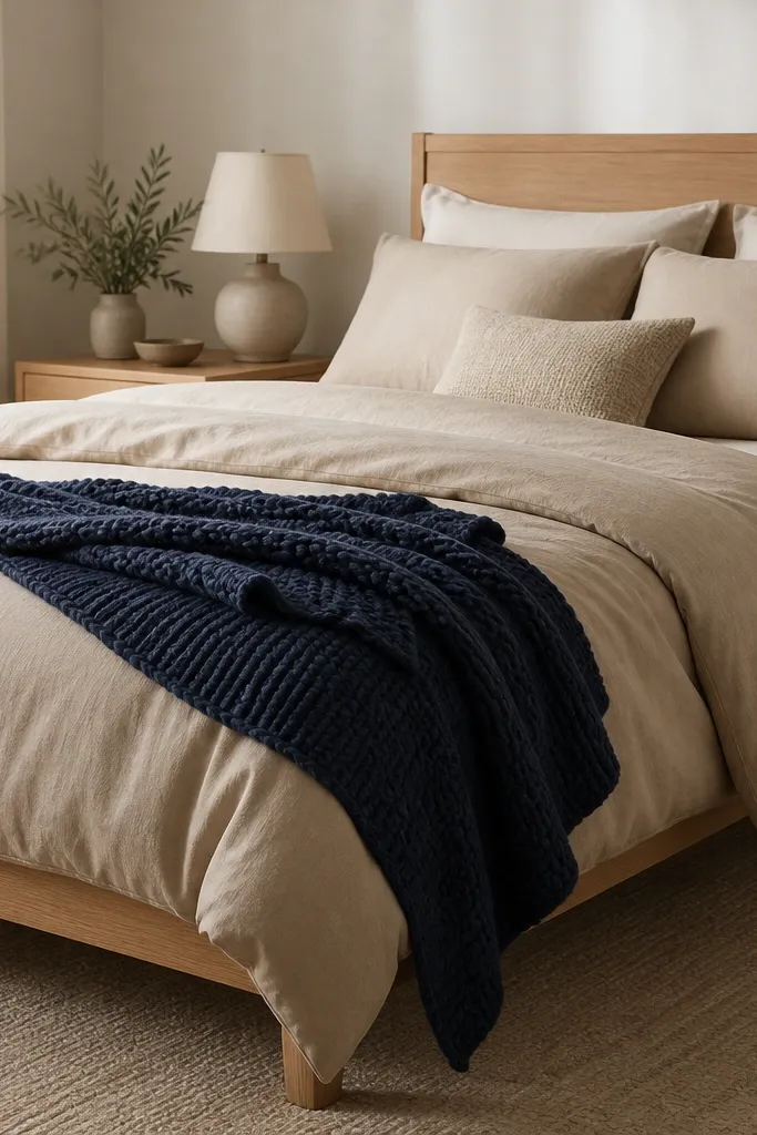 A neatly made bed with beige sheets, a beige duvet, and a chunky navy knit throw draped over the side. A light wood bed frame and a simple beige rug.