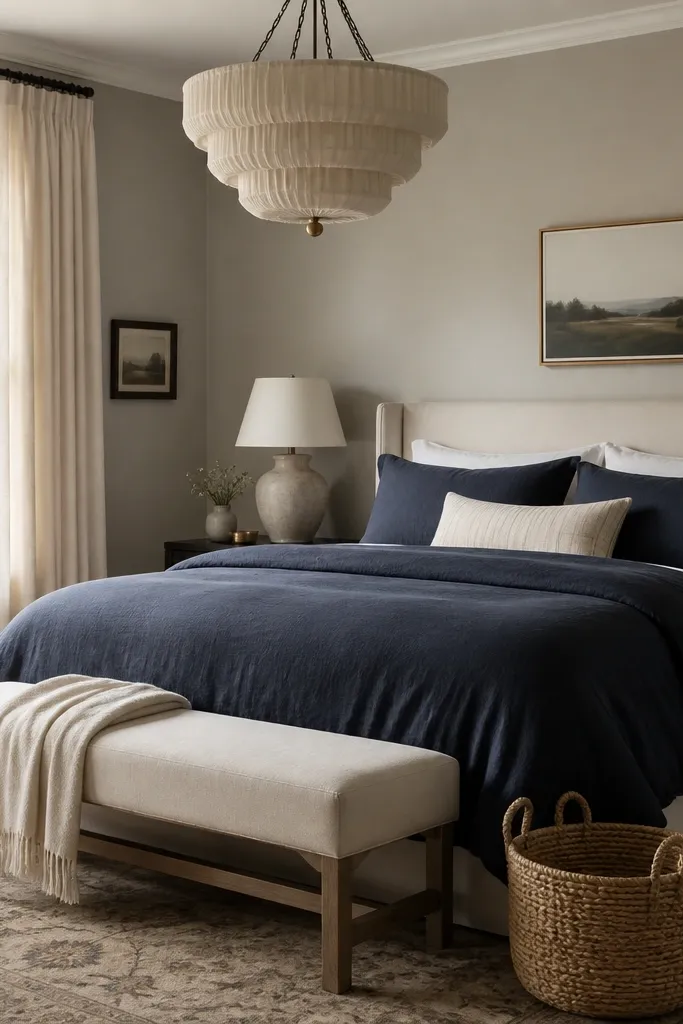 Greige walls with navy duvet bedding and a linen-covered bench at the foot of the bed. A woven basket sits beside the bench, and a cream chandelier hangs overhead.
