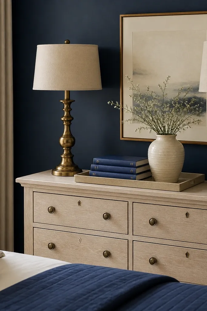 A navy-and-beige bedroom corner with two matching antique brass lamps on a light wood dresser. Navy books, a beige tray, and a cream vase sit neatly arranged.