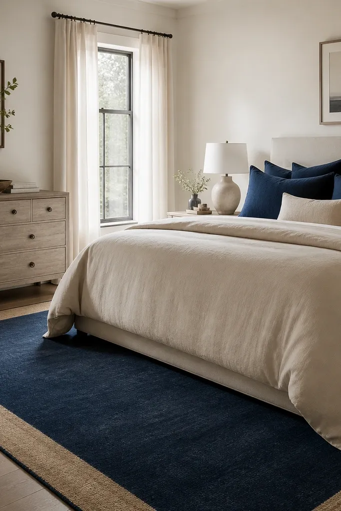 A bed with navy pillows and a beige duvet, plus a rug with a navy field and stone-tan border. The room has a whitewashed dresser and simple wall art.