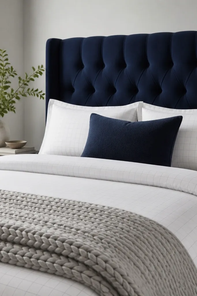 A bed with a tall, button-tufted navy upholstered headboard. White percale duvet with a subtle small grid. Two white pillows plus one navy sham, and a light gray chunky knit throw folded at the foot.
