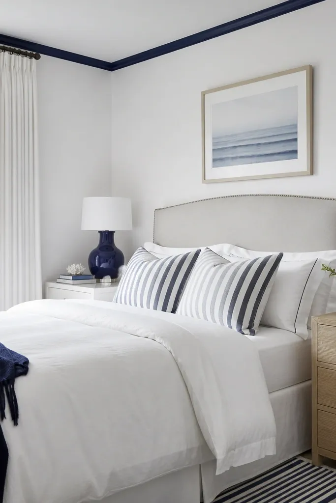 Bright white walls with a narrow navy stripe running along the ceiling edge. Bed is made with white duvet and navy striped pillows. Nightstands are white or light oak with navy ceramic lamp bases.