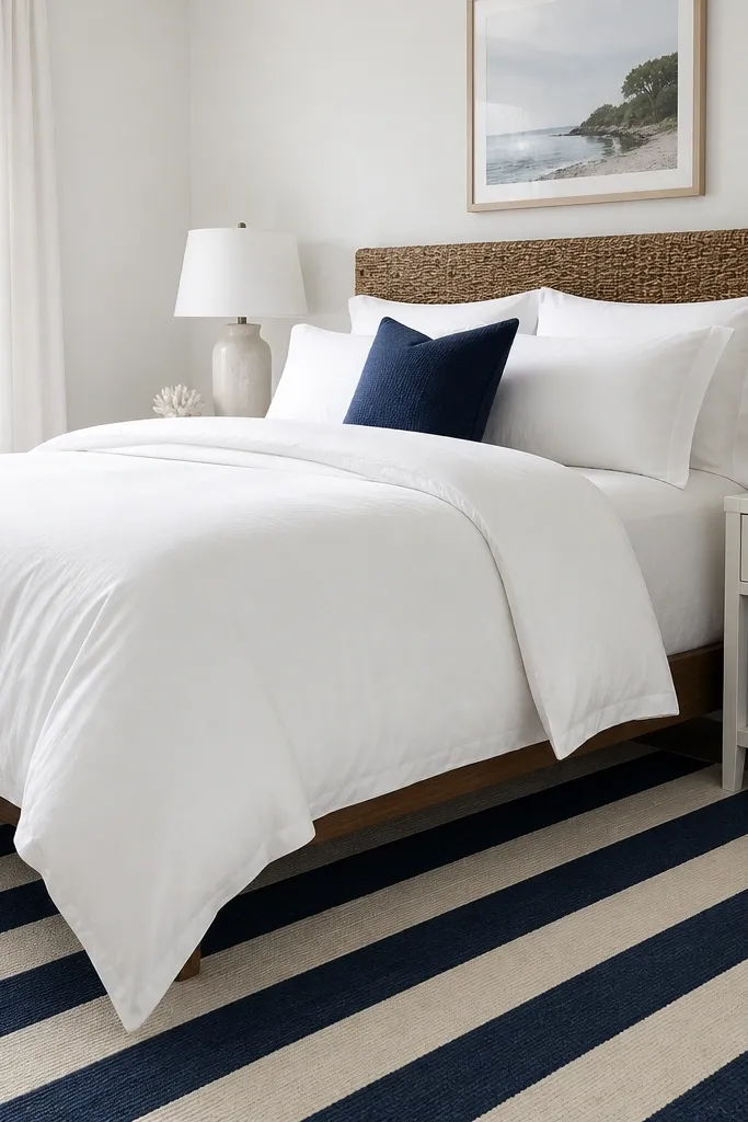A navy-and-white striped area rug with alternating bands. The bed has a solid white duvet and white sheets, with a single navy throw pillow and a navy woven basket under the nightstand.