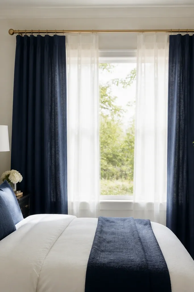 Window dressed with navy linen curtain panels, with white sheer panels behind. Bed is white with navy accents, and a brass curtain rod catches light.
