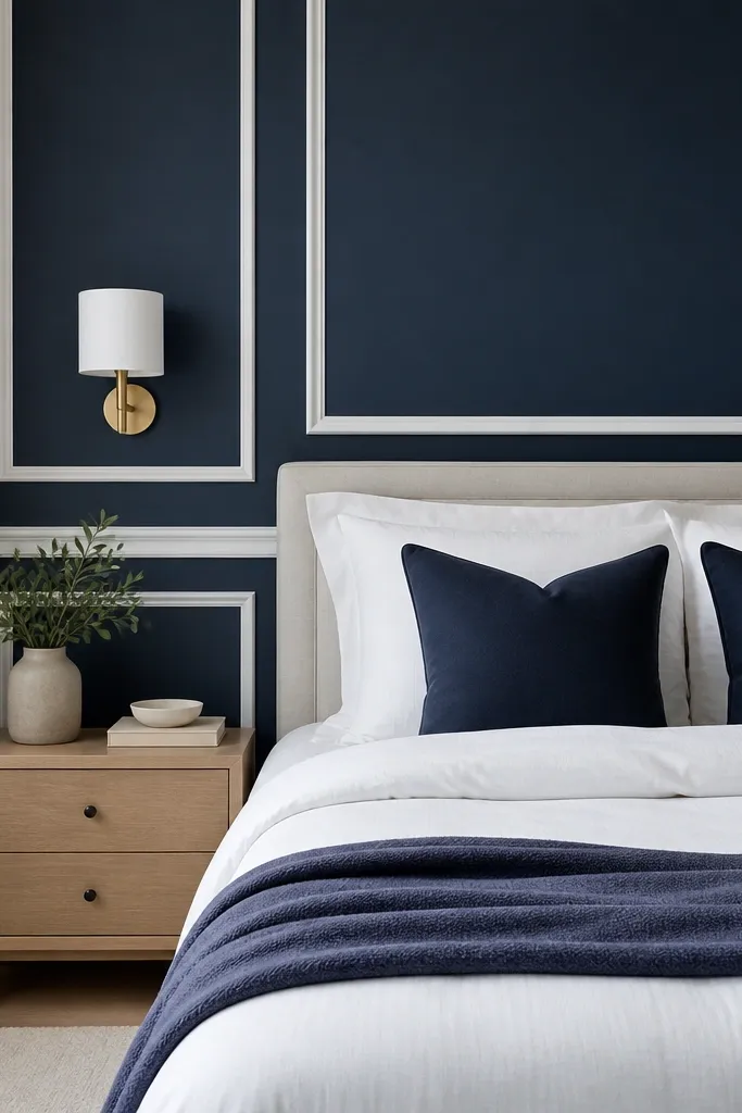 A bed placed against a navy wall with raised panel molding in white. The bed has white bedding and two navy pillows. Nightstand is light wood, and there's a white sconce.