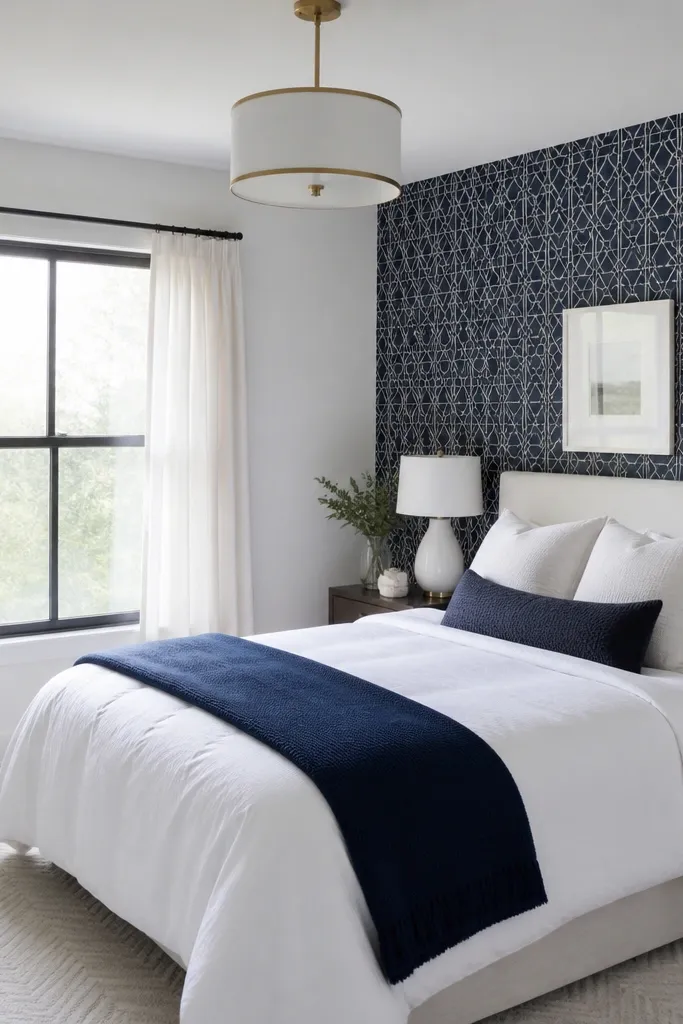One accent wall has navy and white geometric wallpaper. The other walls are white. Bed has a white duvet, navy throw, and simple white frames on the wall.