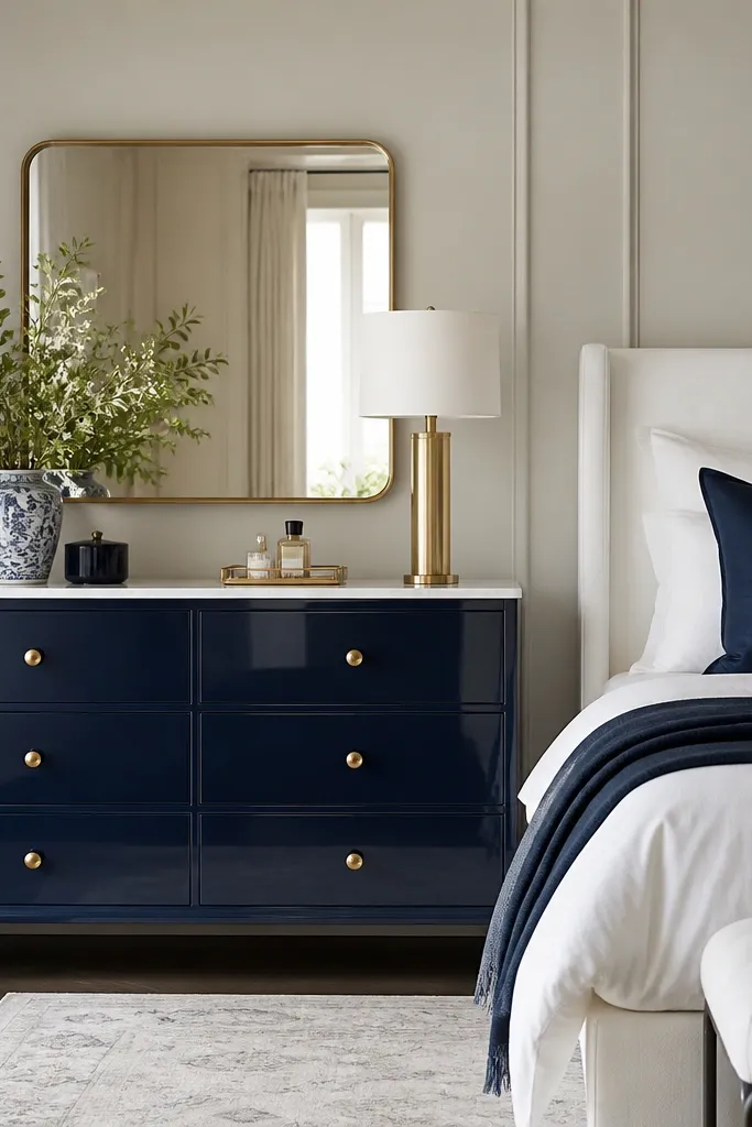 A navy dresser with glossy lacquer finish and a white marble-look countertop. Above it is a mirror with a thin brass frame. Bed is white with navy bedding accents.