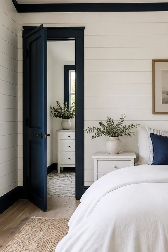 White shiplap walls. Navy baseboards and navy door trim. Bed has white bedding with navy pillows. A simple white nightstand sits near the bed.