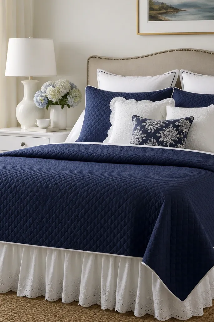 A navy quilted coverlet with white piping. Under it, a white eyelet bed skirt hangs. Pillows are white and navy mix, and the nightstand has a white ceramic lamp.