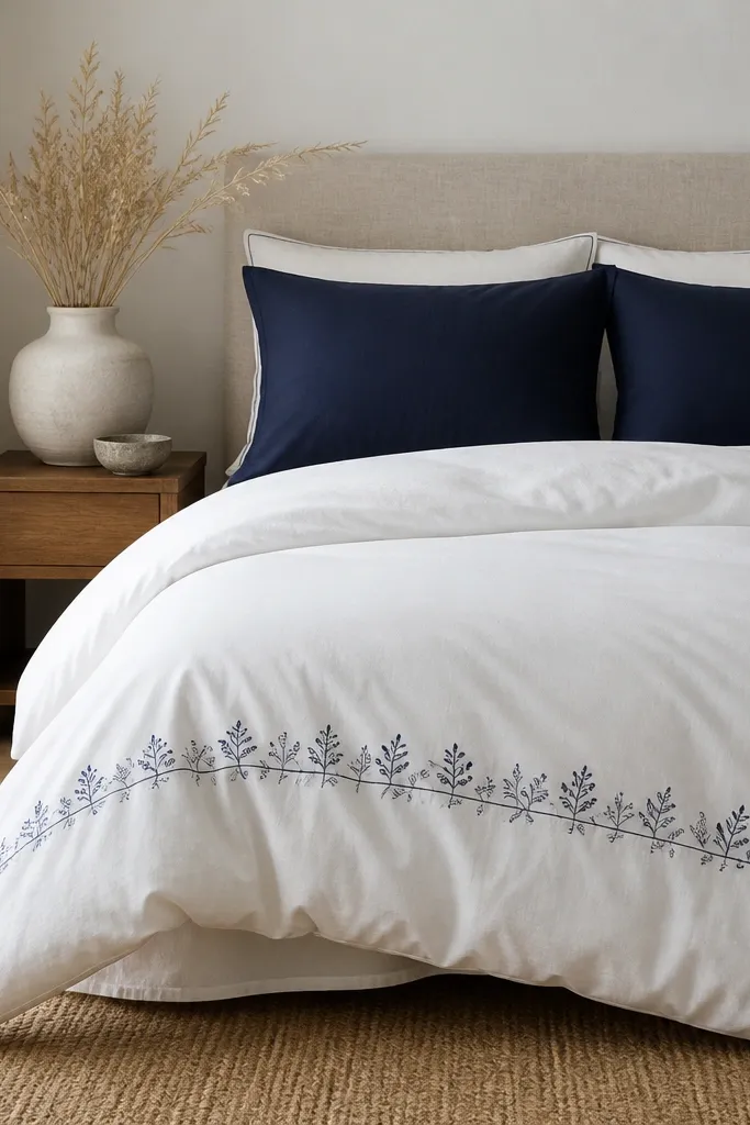 White duvet with a small navy botanical print border. Navy solid pillows. A white vase with dried grasses on the nightstand.
