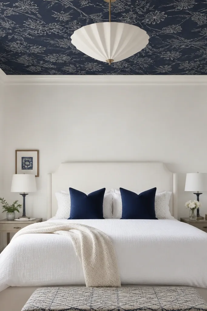 White walls and a navy patterned ceiling. Bed has white bedding with navy pillows. Light fixture is simple and bright, and the ceiling pattern is visible above the bed.