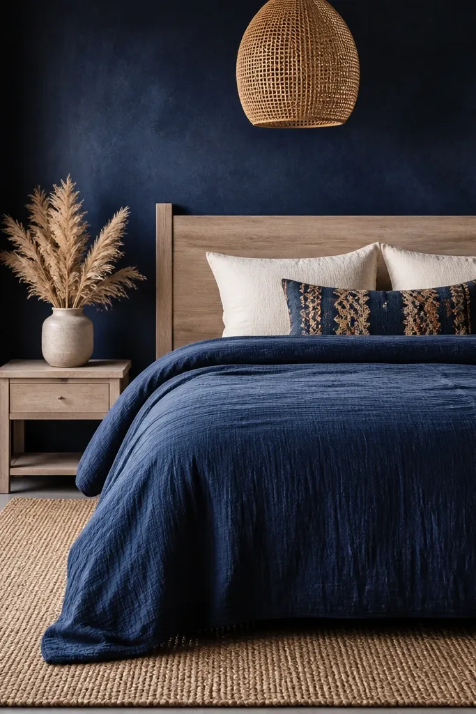 A navy indigo boho bedroom with a neatly made bed wearing a textured indigo duvet. A natural jute rug sits under the bed. Two cream pillows and one woven kilim-style lumbar pillow rest against a pale wood headboard. A rattan pendant hangs above, and a small ceramic vase with dried pampas sits on a nightstand.