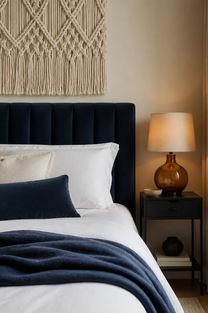 A bedroom corner with a navy velvet headboard. Above the bed is a cream macramé wall panel with chunky knots. The bedding is white with a navy accent throw. A slim black nightstand holds a warm amber lamp with a linen shade.