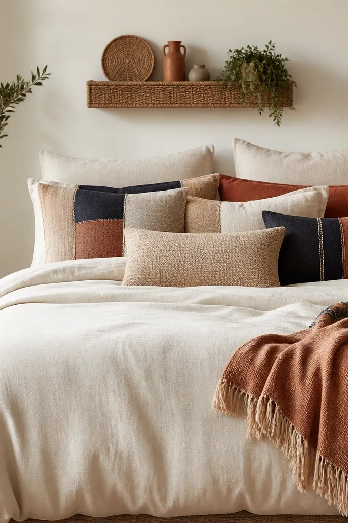 A bed styled with a mostly cream duvet and a cluster of pillows. Several pillows show patchwork panels in navy, terracotta, and warm sand. A small fringed throw sits at the foot. Behind the bed is a simple off-white wall with a woven basket shelf.