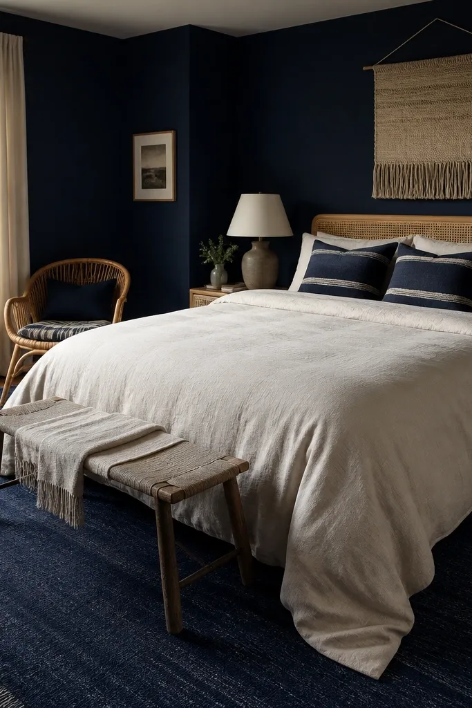 A navy boho bedroom with a large dark navy rug that covers most of the floor under the bed. The bed has light linen bedding in oatmeal. There are two navy-and-cream striped pillows, a woven wall hanging, and a rattan chair in the corner.
