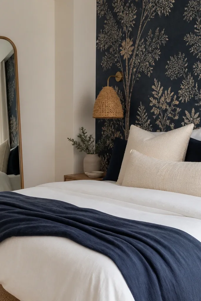A bedroom wall behind the bed has a navy botanical wallpaper panel. A woven rattan sconce sits on each side or one side. The bed has a white duvet, navy throw, and cream pillows. A tall mirror with a thin wood frame leans nearby.