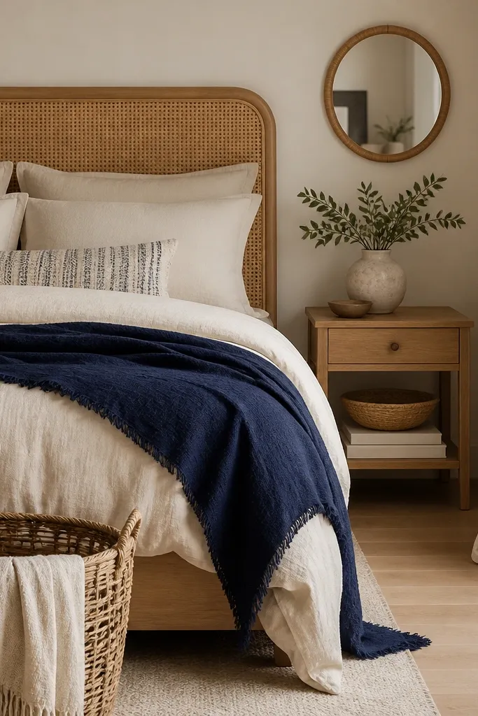 A bed with a light rattan headboard frame. The bedding is cream with a navy throw folded and draped over the side. A woven basket sits at the foot. There's a macramé curtain tieback nearby and a small round mirror above a nightstand.