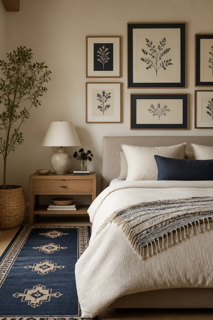A long navy kilim-style runner lies along one side of the bed. Above the bed area is a small gallery wall with framed botanical line art in cream mats and navy accents. The bed has a cream duvet, a navy accent pillow, and a fringed throw.