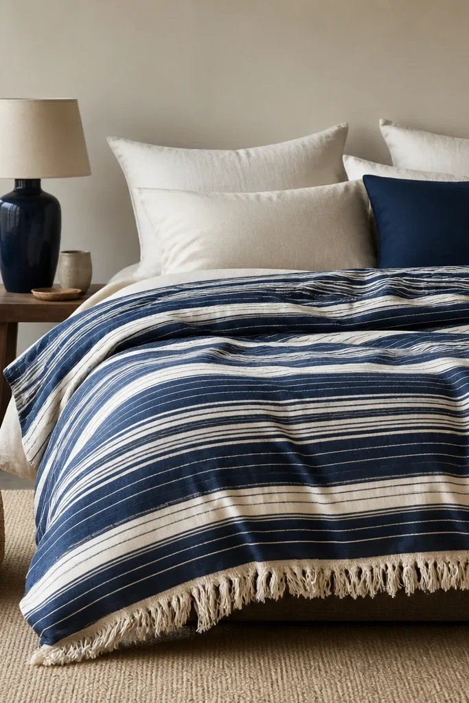A bed dressed in a navy and cream striped duvet with a fringe edge. The pillows are mostly cream with one navy pillow. There's a woven pouf at the side and a navy ceramic lamp base on a small table.