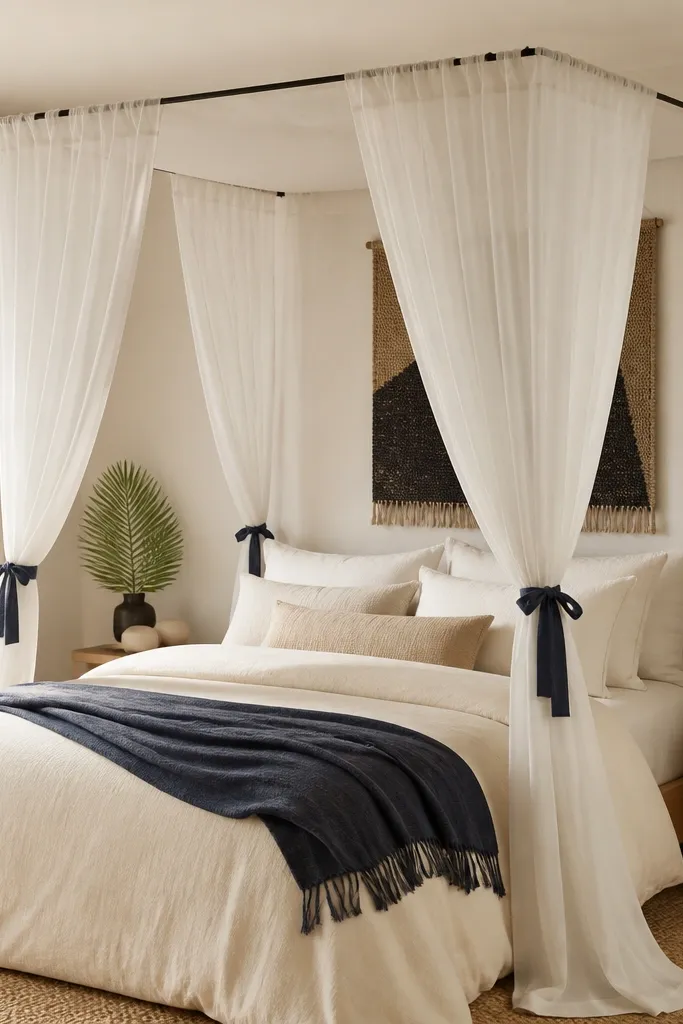 A bedroom with a simple canopy rod above the bed. A sheer white voile curtain drapes around the bed, and navy ribbon ties hold it back. The bedding is cream with a navy throw. A rattan pendant and woven wall hanging sit nearby.