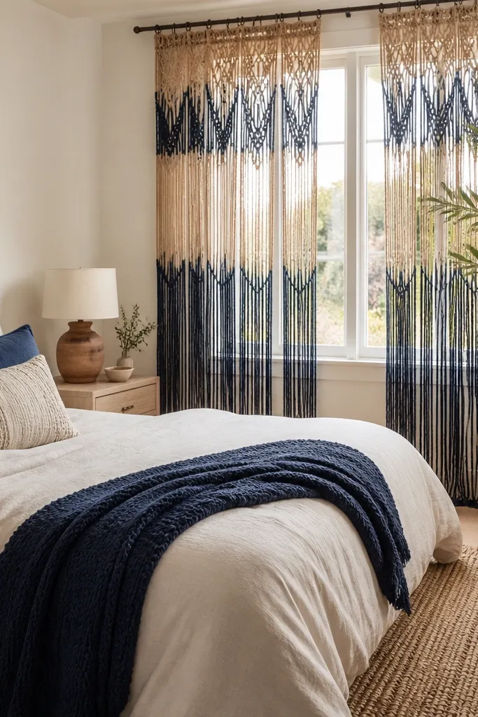 Windows with macramé curtain panels in a navy and sand mix. The bed has a cream duvet and a navy knitted throw. There's a woven rug and a light wood nightstand. A tall plant in a clay pot sits near the window.