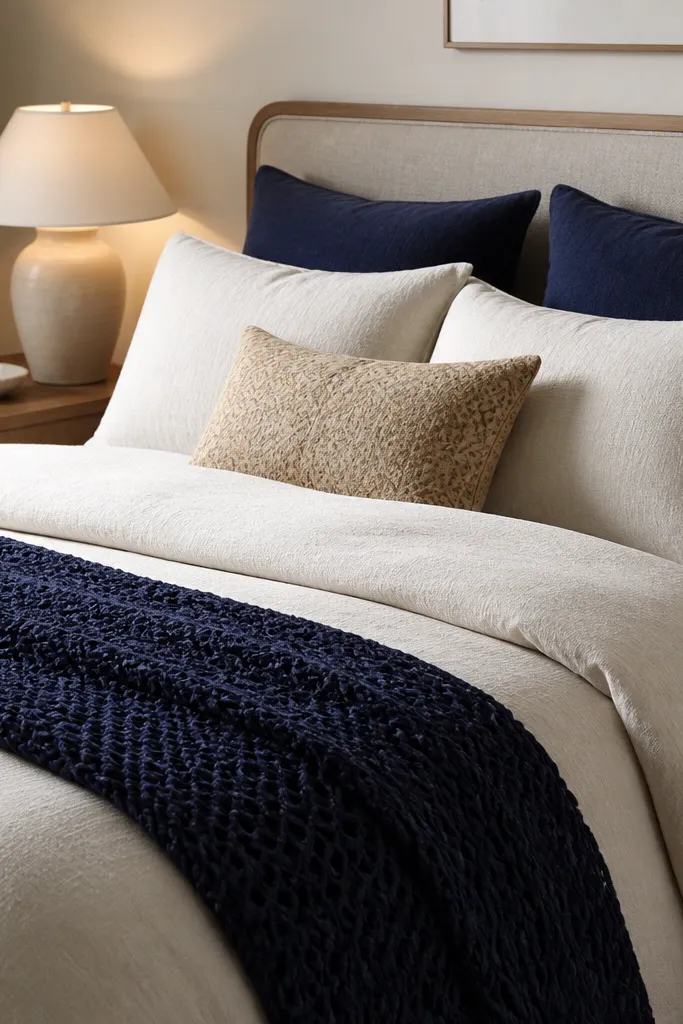 A bed with a cream duvet and a navy crochet throw folded across the top. The pillows include two navy covers, two cream covers, and one small patterned pillow in tan. The bedside table has a ceramic tray and a warm lamp with an off-white shade.