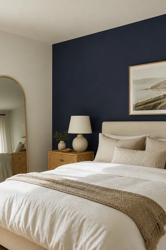 A bedroom with one navy accent wall behind the bed. The rest of the room is off-white. The bed has a cream duvet, beige pillows, and a woven throw. A tall mirror and a rattan nightstand sit beside the bed.