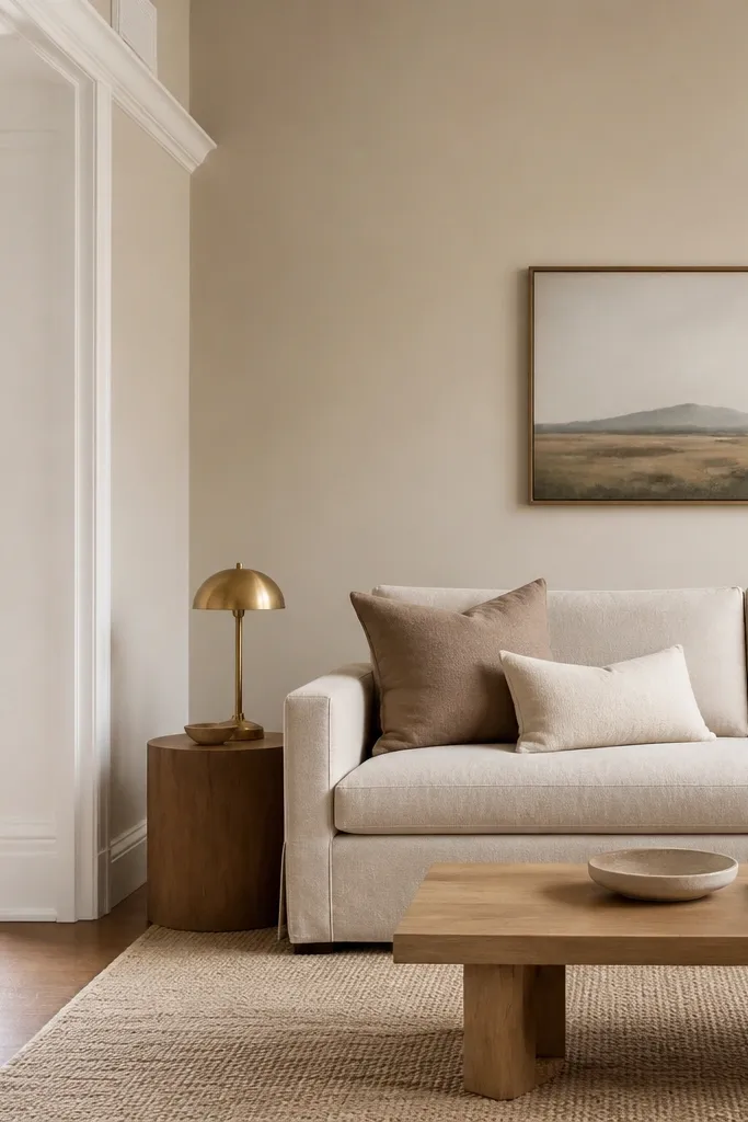 A living room painted a soft warm greige. The walls look creamy, not gray. The trim is bright white, and the sofa is oatmeal fabric. A light oak coffee table and a small brass lamp sit on a pale jute rug.