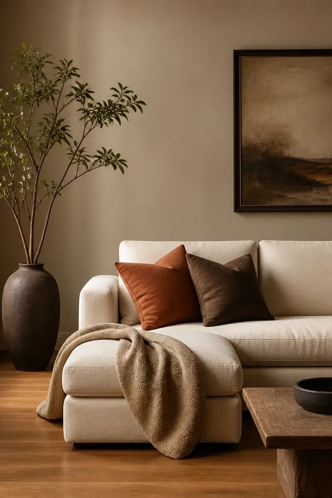 Walls painted a soft taupe with a slightly warm cast. There is a charcoal picture frame on the wall and a cream sofa with throw pillows in clay and cocoa. The floor is medium oak, and the lighting is warm 2700K.