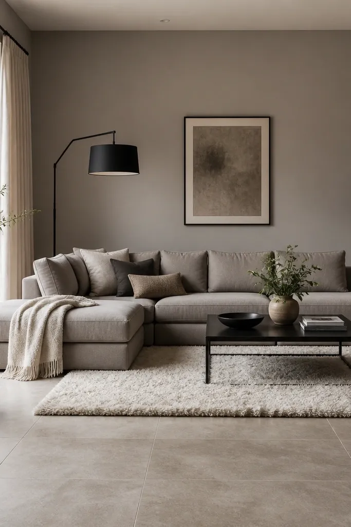 A modern living room with stone-look tile flooring. Walls are painted a cool greige that feels clean and slightly smoky. Furniture includes a gray-beige sectional, black metal floor lamp, and a white shag rug.