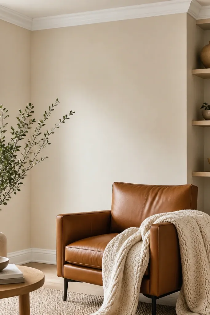 Walls are painted a creamy off-white with a warm glow. The room has a caramel leather chair, a cream knit throw, and pale wood shelves. The ceiling matches the walls, with bright white crown molding.