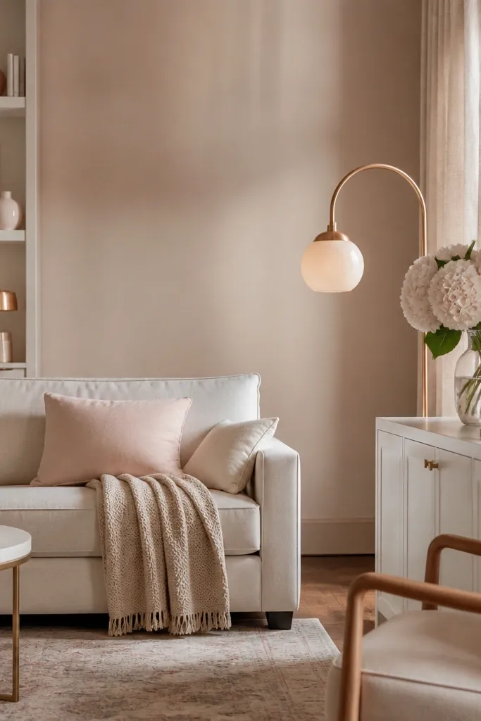 Walls painted a soft greige that reads slightly rosy in daylight. The room has a white sofa, blush and oatmeal pillows, and a warm oak coffee table. Brass wall sconces cast a warm glow.