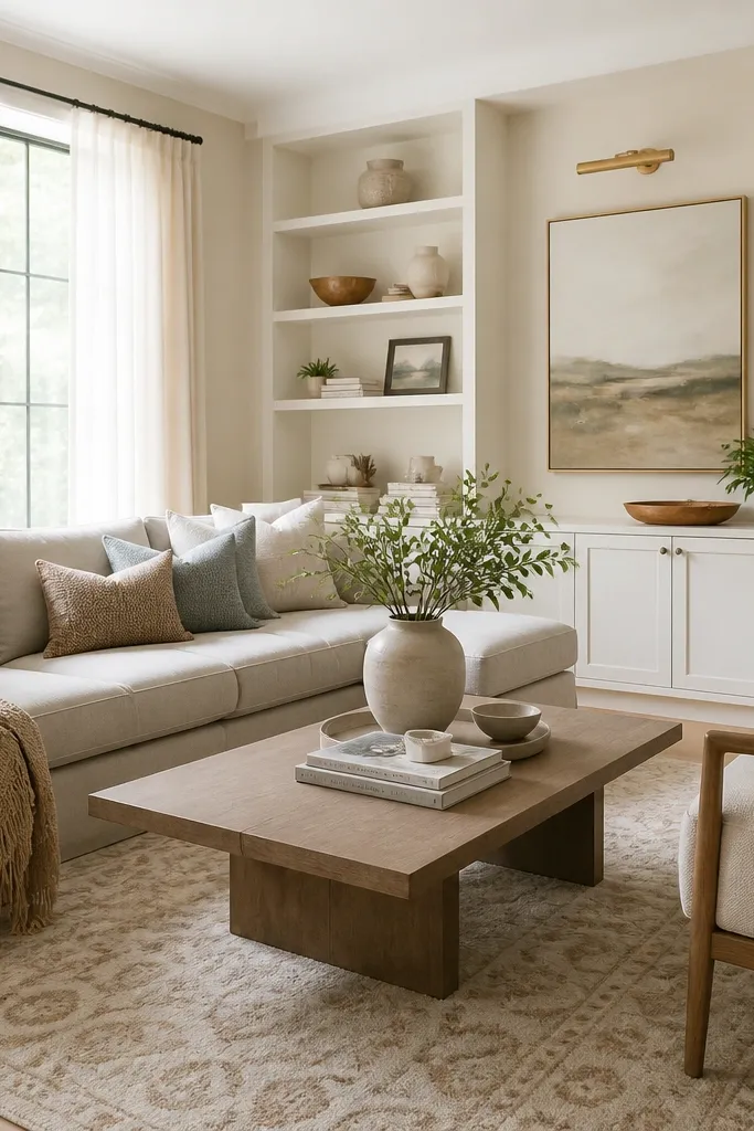 A bright living room with light warm beige walls. The sofa is light gray-beige, and the rug is a cream and tan pattern. There are white built-ins and a large window with sheer curtains.