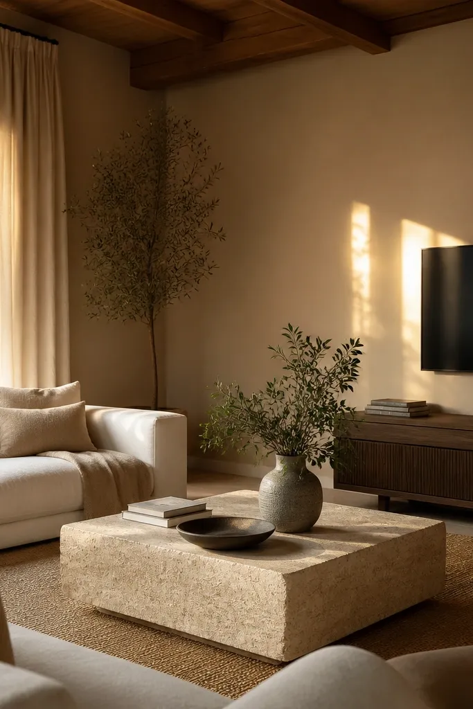 Walls are painted a dusty sandstone color. The room has linen curtains, a woven jute rug, and a dark wood media console. The sunlight makes the walls look softly golden.