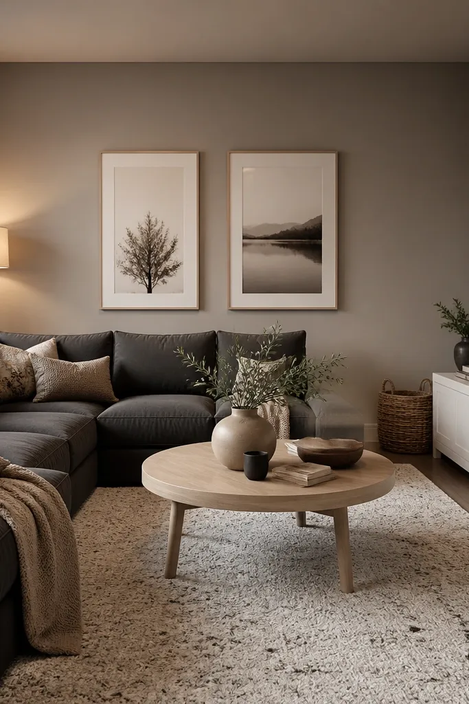 Walls painted a soft mushroom gray-brown. The room has a charcoal sectional, white media console, and framed neutral art. The lighting is warm and the rug is light with gray specks.