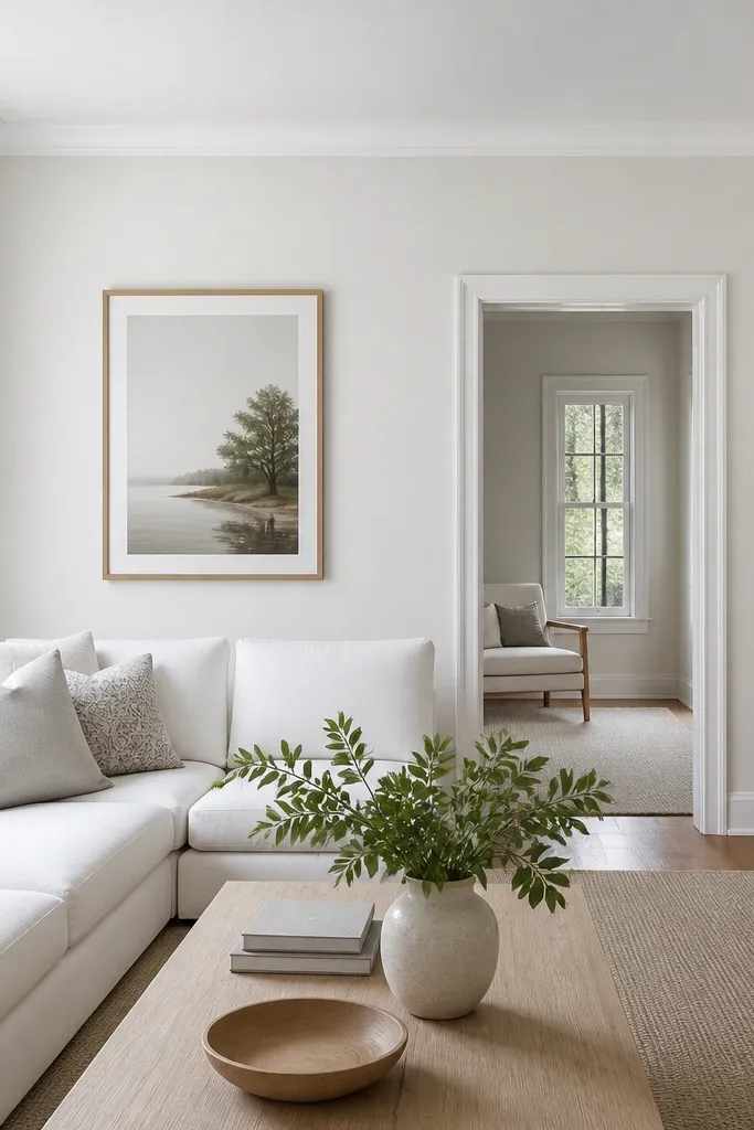 Walls show an off-white with a faint gray cast. The room has a white sofa, gray woven baskets, and a light wood console. Ceiling is the same color as walls, with bright white trim.