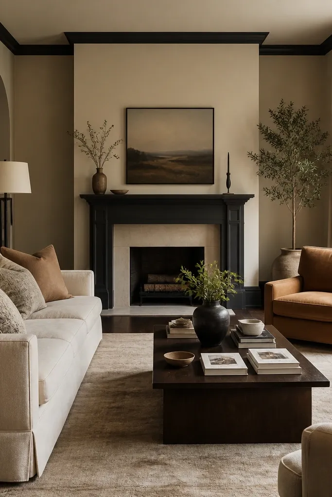 A living room with warm ivory walls. Trim and baseboards are darker than the walls, almost charcoal. Furniture is in cream and camel, and the floors are dark walnut.