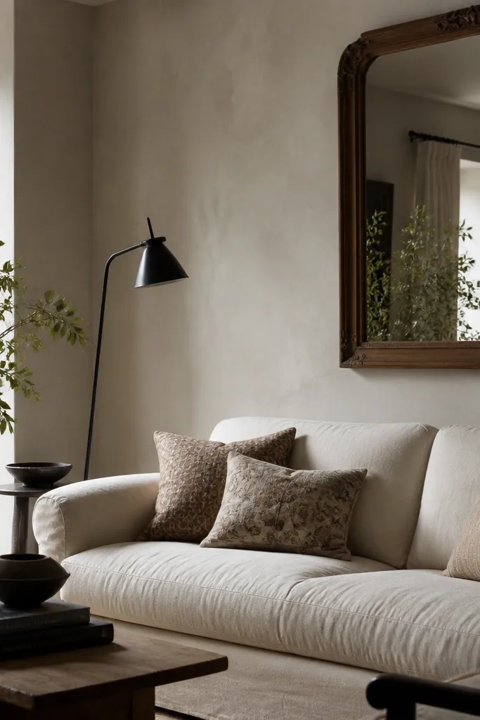 Walls are painted putty, a gray-beige that looks slightly weathered. The room has a cream sofa with patterned pillows, a classic wood frame mirror, and modern black floor lamp.