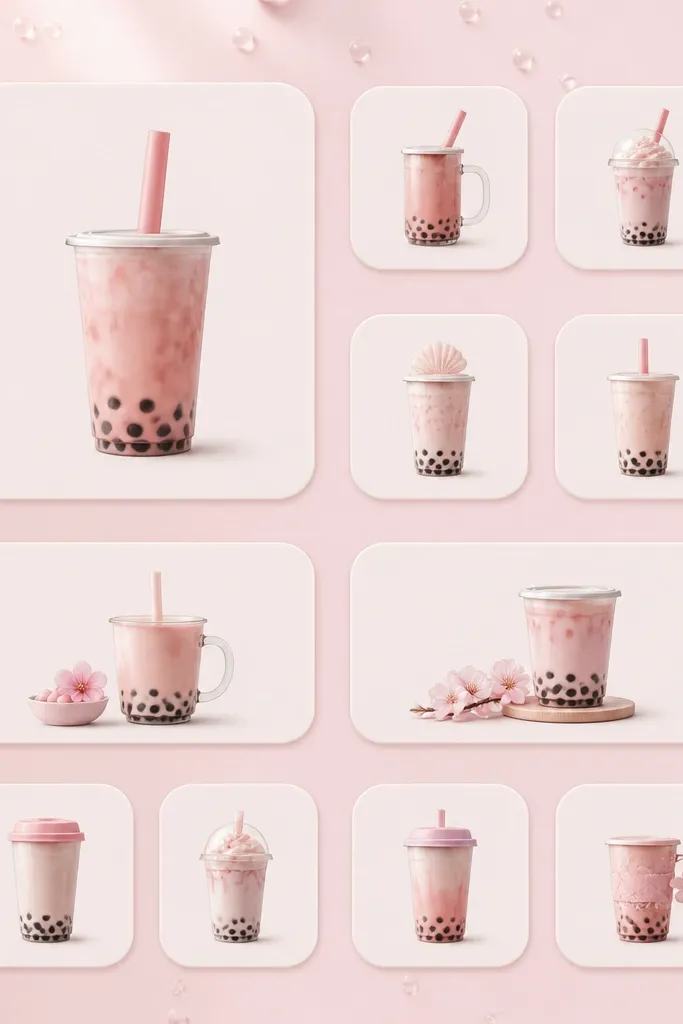 A pastel pink home screen grid where each widget shows a milk tea cup icon in soft blush tones. The wallpaper is a pale pink with tiny floating bubbles. Widget backgrounds are matte and slightly off-white with a faint rounded rectangle border.
