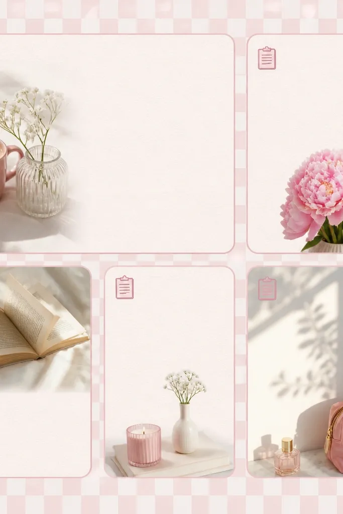 Widgets sit on a pink-and-white checkered pattern wallpaper. Each widget has a small clipboard or note icon in dusty rose. The widget cards have a light pink border and a slightly textured background.