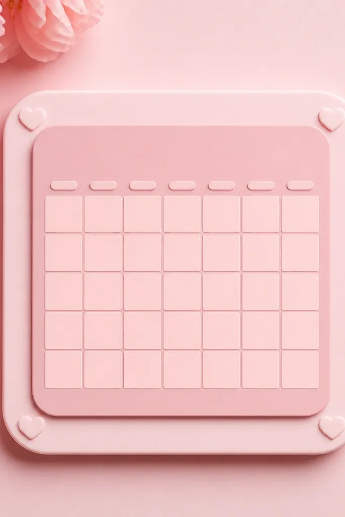 A calendar widget inside a rounded square frame with tiny heart corners. The wallpaper is baby pink. The widget background is a slightly darker pink rectangle with a soft drop shadow.