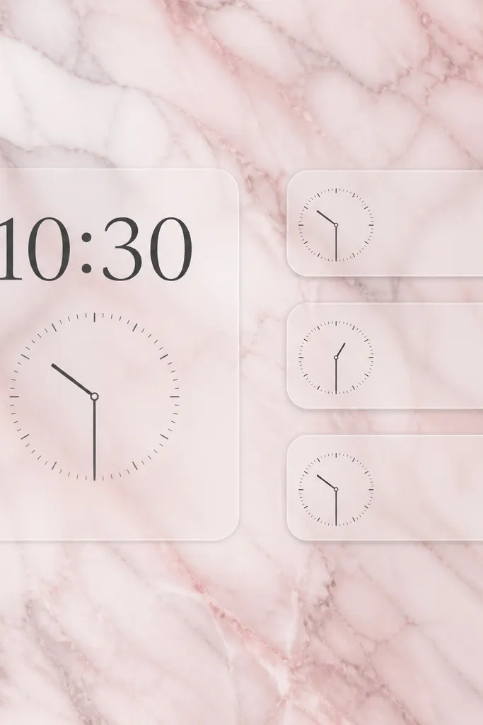 A marble-like wallpaper in pale pink with soft gray veining. Widgets appear as semi-transparent rounded rectangles with time and small clock icons. The cards have faint gray borders.