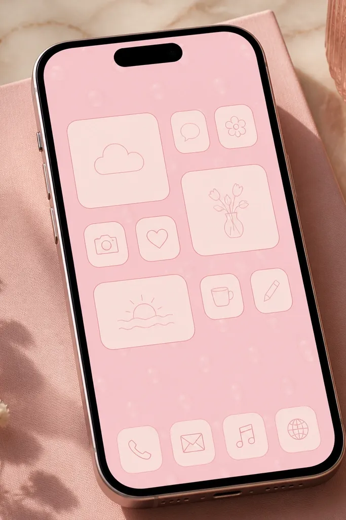 A home screen where widgets sit next to a matching icon set. The wallpaper is bubblegum pink with tiny glossy circles. Widgets have simple line icons in light blush and a consistent rounded border.