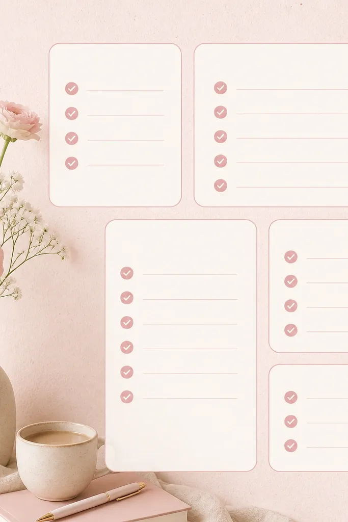 A widget layout with checklist icons. The wallpaper is pale pink with a subtle vanilla-speckle texture. Widgets have off-white backgrounds and thin pink outlines.